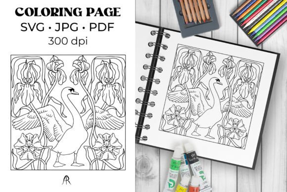 Art Nouveau Swan & Iris Graphics for Elegant Coloring
